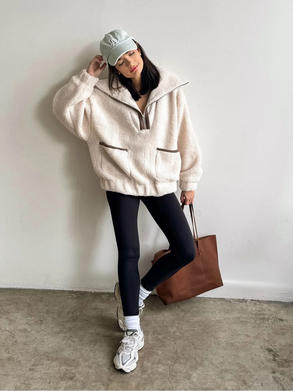 Stitch & Feather Cream Sherpa Pullover with Brown Trim